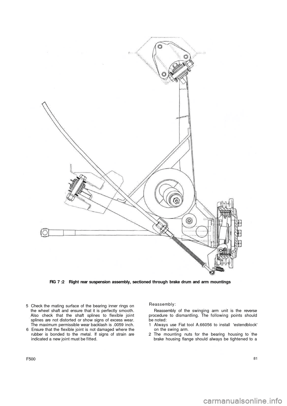 FIAT 500 1969 1.G Workshop Manual FIG 7 :2  Right rear suspension  assembly, sectioned through brake drum and arm mountings
5 Check the mating surface of the bearing inner rings on
the wheel shaft and ensure that it is perfectly smoot