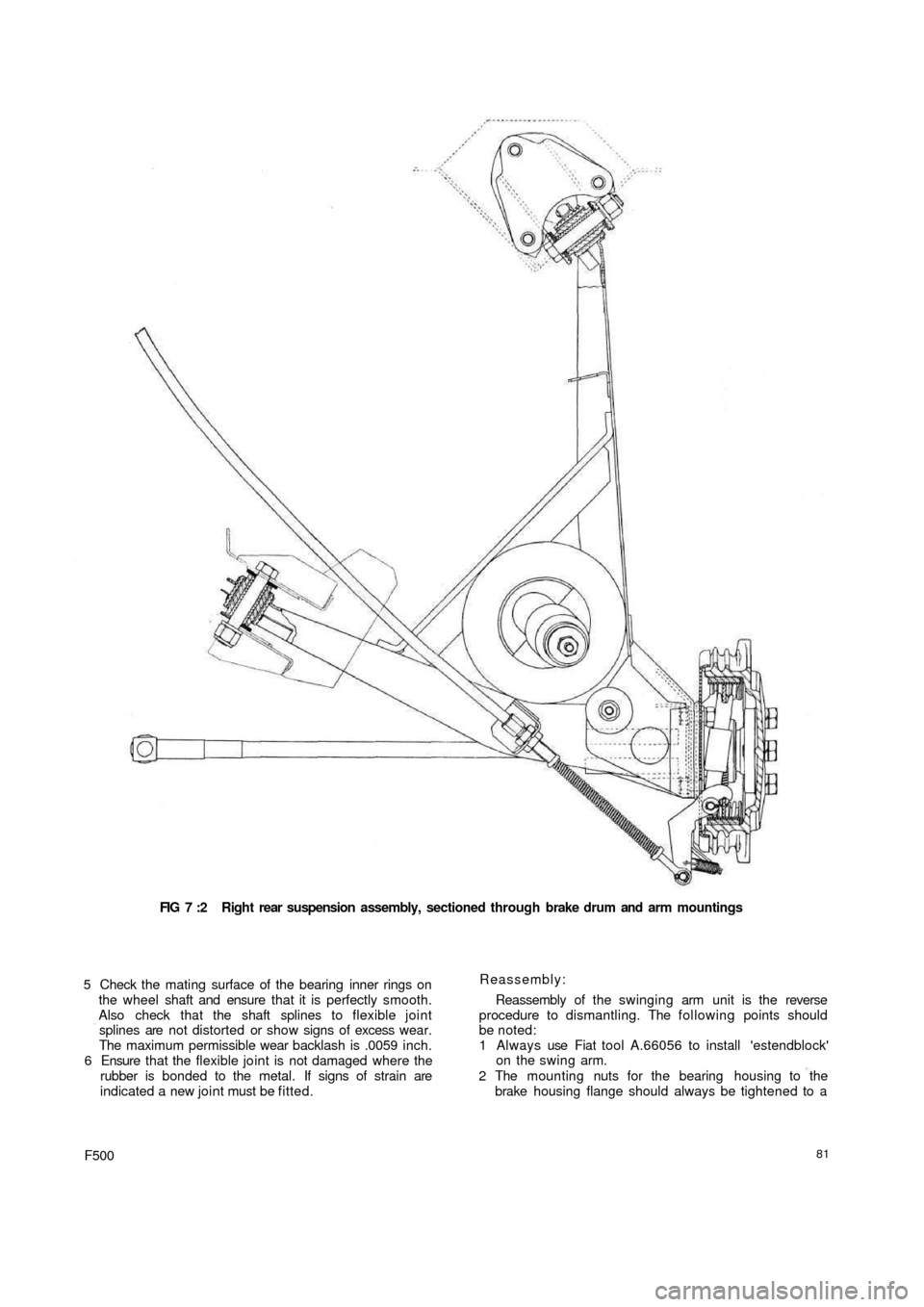 FIAT 500 1966 1.G Manual PDF FIG 7 :2  Right rear suspension  assembly, sectioned through brake drum and arm mountings
5 Check the mating surface of the bearing inner rings on
the wheel shaft and ensure that it is perfectly smoot