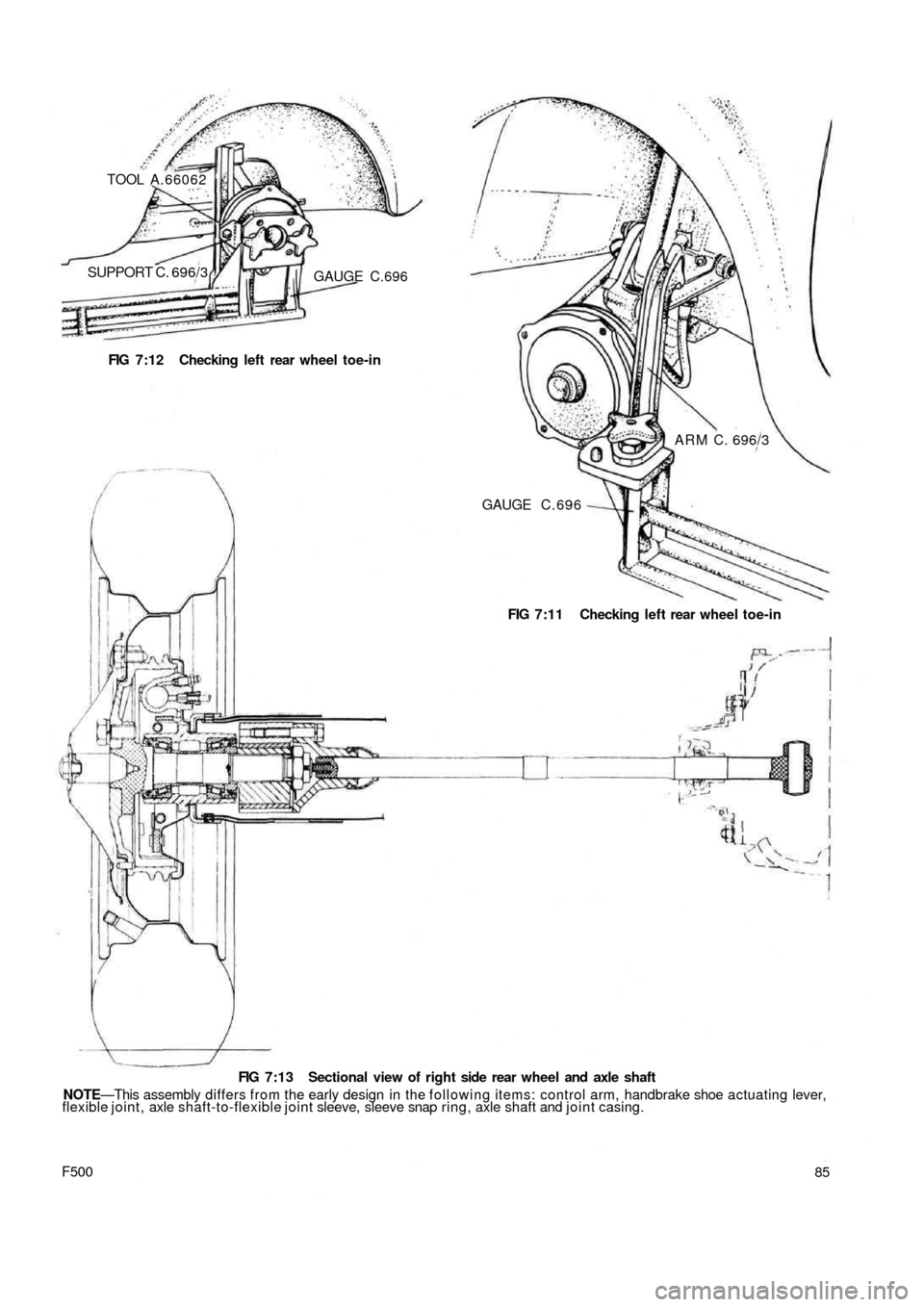 FIAT 500 1966 1.G Manual PDF TOOL A.66062
SUPPORT C. 696/3GAUGE C.696
FIG 7:12 Checking left rear wheel toe-in
ARM C. 696/3
GAUGE C . 6 9 6
FIG 7:11 Checking left rear wheel toe-in
F500
FIG 7:13 Sectional view of right side rear 