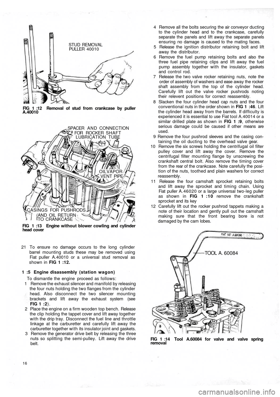 FIAT 500 1967 1.G Workshop Manual STUD REMOVAL
PULLER  40010
FIG 1 :12  Removal of stud from crankcase by puller
A.40010
FIG  1  :13   Engine  without blower cowling and cylinder
head  cover.SPACER  A N D  CONNECTION
FOR ROCKER SHAFT
