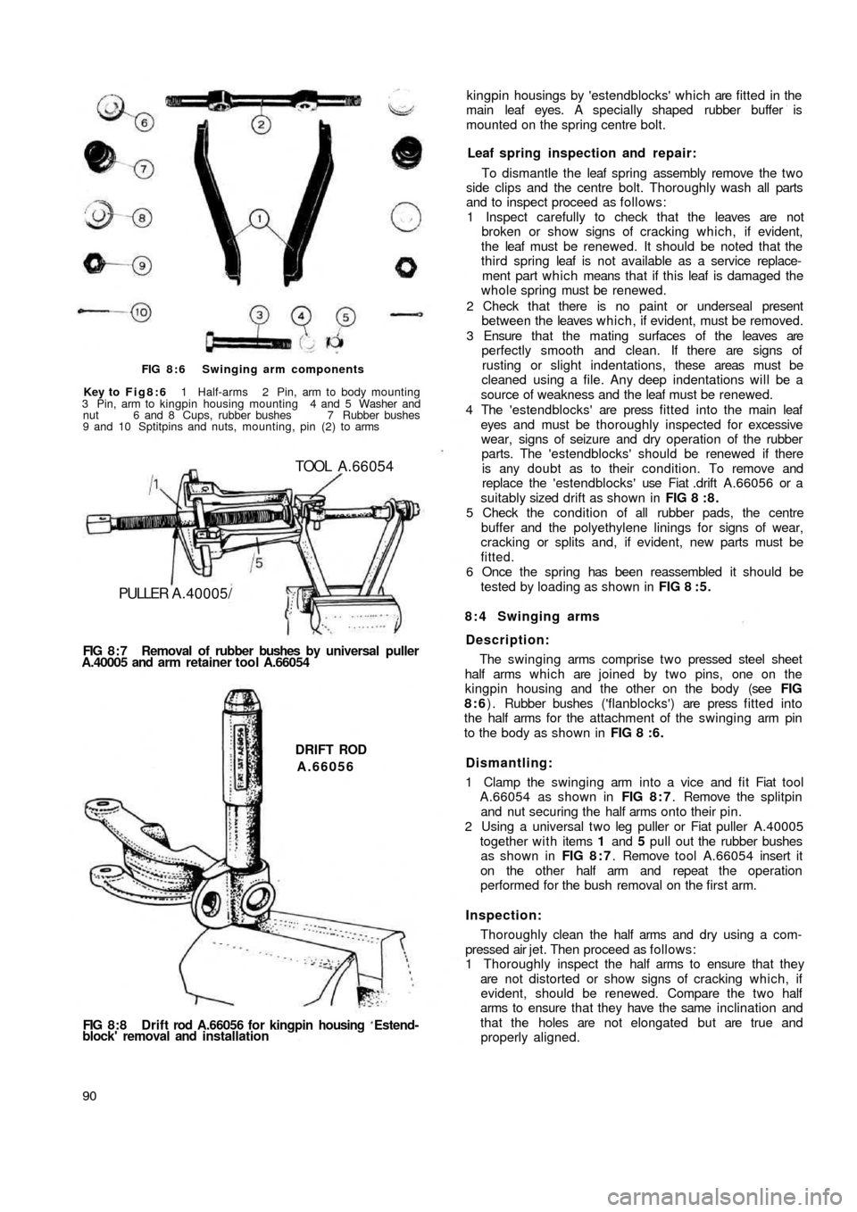 FIAT 500 1970 1.G Manual Online FIG 8:6  Swinging arm components
Key to  Fig8:6  1  Half-arms  2  Pin, arm to body mounting
3 Pin, arm to kingpin housing mounting 4 and 5 Washer and
nut 6 and 8 Cups, rubber bushes 7 Rubber bushes
9 