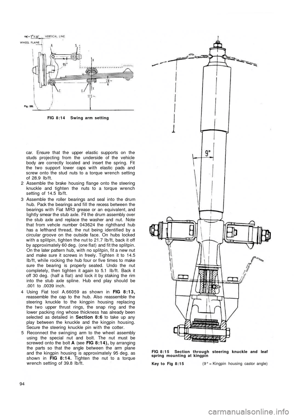FIAT 500 1957 1.G Workshop Manual FIG 8:14 Swing arm setting
car. Ensure t h a t the  upper elastic supports on the
studs projecting from the underside of the vehicle
body are correctly located and insert the spring. Fit
the two suppo
