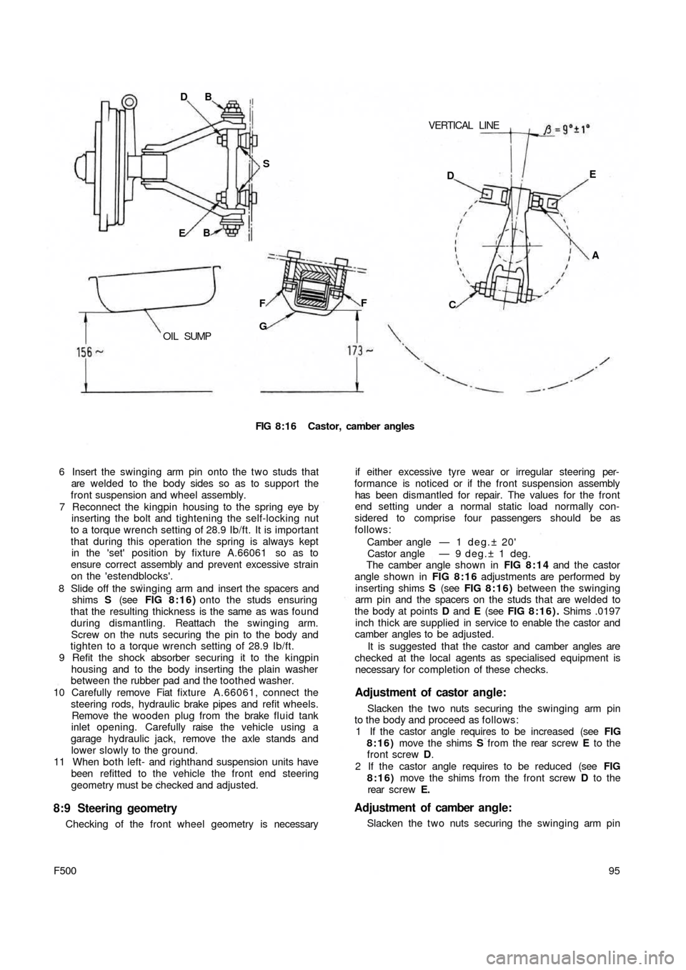 FIAT 500 1967 1.G Workshop Manual VERTICAL LINE DB
S
EB
OIL SUMPF
GF
FIG 8:16 Castor, camber angles
6 Insert the swinging arm pin onto the two studs that
are welded to the body sides so as to support the
front suspension and wheel FIAT 500 1967 1.G Workshop Manual VERTICAL LINE DB
S
EB
OIL SUMPF
GF
FIG 8:16 Castor, camber angles
6 Insert the swinging arm pin onto the two studs that
are welded to the body sides so as to support the
front suspension and wheel