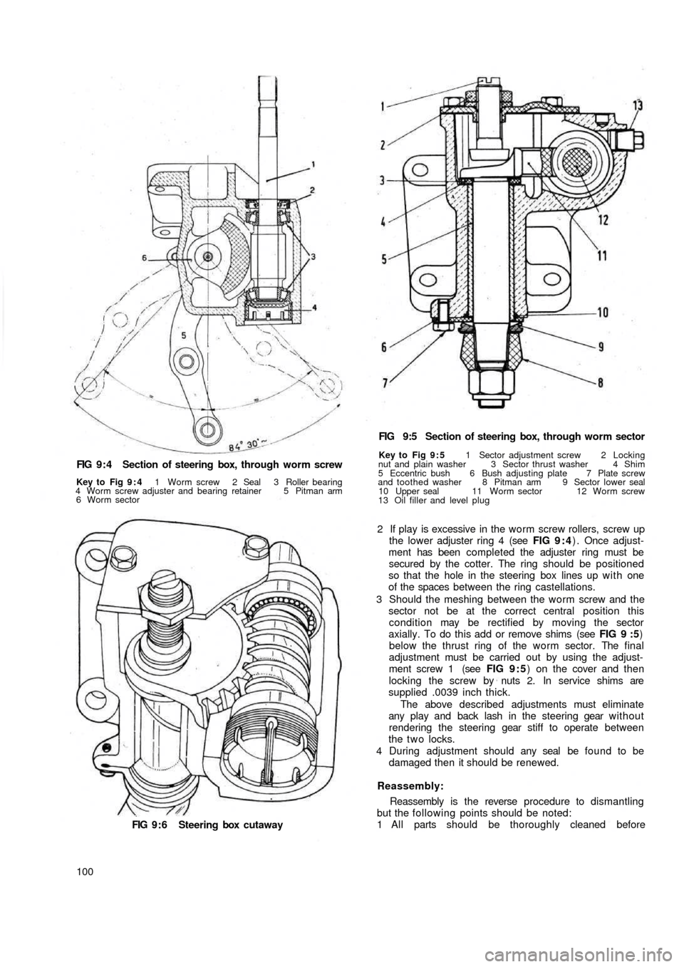 FIAT 500 1970 1.G Workshop Manual FIG 9 : 4  Section of steering box,  through worm screw
Key to  Fig 9 : 4 1 Worm screw 2 Seal 3 Roller bearing
4 Worm screw adjuster and bearing retainer 5 Pitman arm
6 Worm sector
FIG 9 : 6  Steering