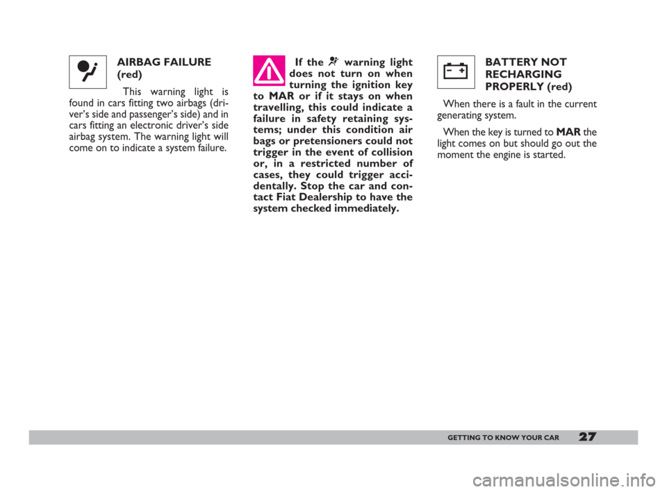 FIAT 600 2007 1.G Owners Manual 27GETTING TO KNOW YOUR CAR
If the ¬warning light
does not turn on when
turning the ignition key
to MAR or if it stays on when
travelling, this could indicate a
failure in safety retaining sys-
tems; 