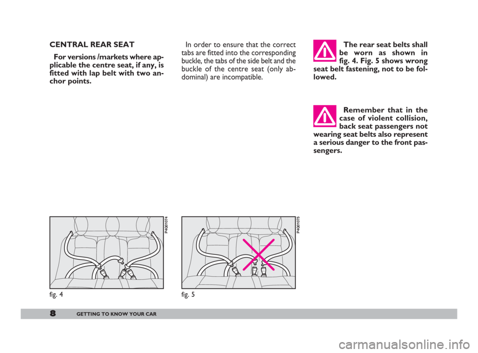 FIAT 600 2007 1.G Owners Manual The rear seat belts shall
be worn as shown in
fig. 4. Fig. 5 shows wrong
seat belt fastening, not to be fol-
lowed.
Remember that in the
case of violent collision,
back seat passengers not
wearing sea