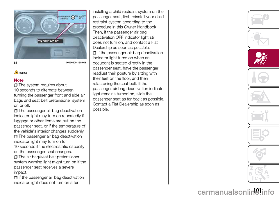 FIAT 124 SPIDER 2016 2.G Owners Manual 22) 23)
NoteThe system requires about
10 seconds to alternate between
turning the passenger front and side air
bags and seat belt pretensioner system
on or off.
The passenger air bag deactivation
indi FIAT 124 SPIDER 2016 2.G Owners Manual 22) 23)
NoteThe system requires about
10 seconds to alternate between
turning the passenger front and side air
bags and seat belt pretensioner system
on or off.
The passenger air bag deactivation
indi