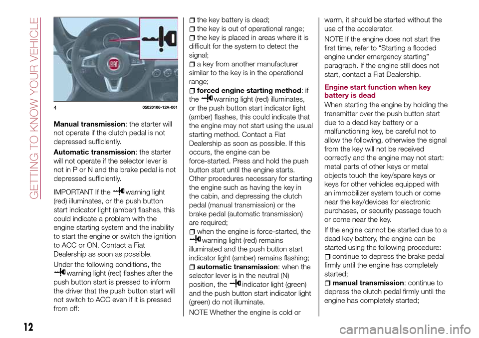 FIAT 124 SPIDER 2016 2.G User Guide Manual transmission: the starter will
not operate if the clutch pedal is not
depressed sufficiently.
Automatic transmission: the starter
will not operate if the selector lever is
not in P or N and the FIAT 124 SPIDER 2016 2.G User Guide Manual transmission: the starter will
not operate if the clutch pedal is not
depressed sufficiently.
Automatic transmission: the starter
will not operate if the selector lever is
not in P or N and the