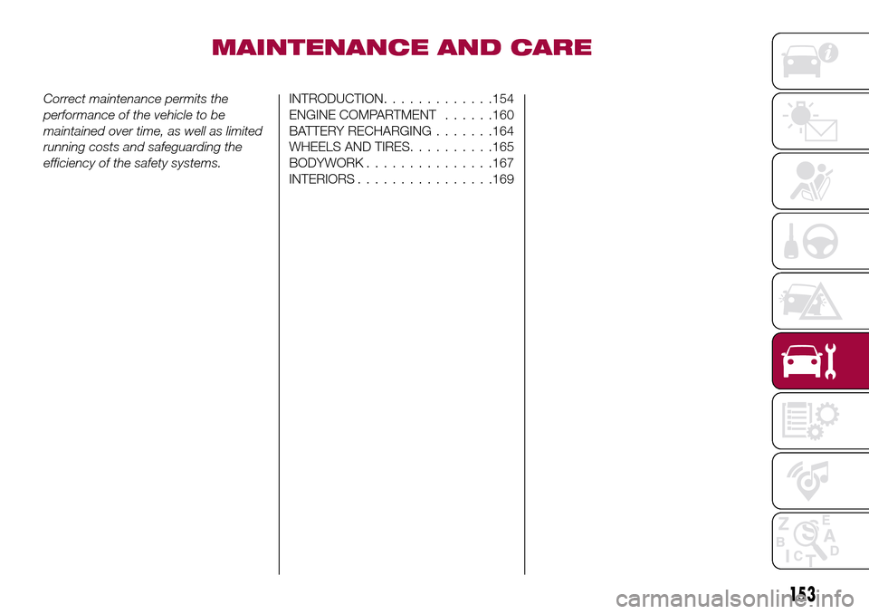 FIAT 124 SPIDER 2016 2.G Owners Manual MAINTENANCE AND CARE
Correct maintenance permits the
performance of the vehicle to be
maintained over time, as well as limited
running costs and safeguarding the
efficiency of the safety systems.INTRO