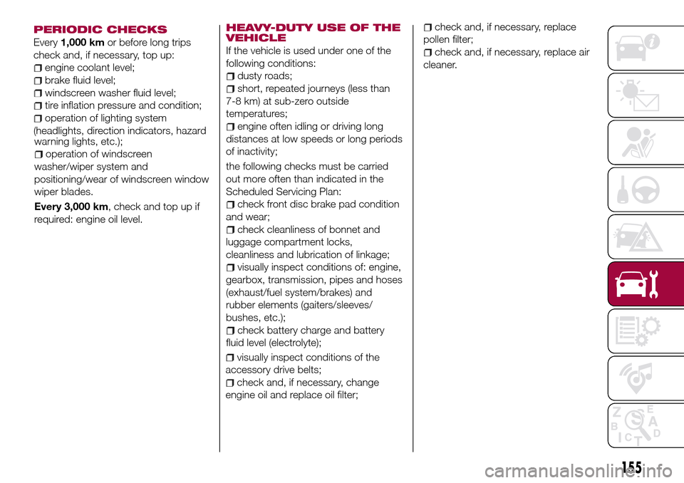 FIAT 124 SPIDER 2016 2.G User Guide warning lights, etc.);
operation of windscreen
washer/wiper system and
positioning/wear of windscreen window
wiper blades.
Every 3,000 km, check and top up if
required: engine oil level.
HEAVY-DUTY US