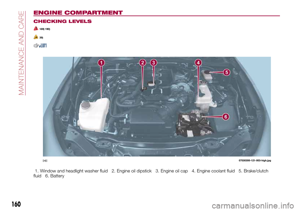 FIAT 124 SPIDER 2016 2.G Owners Manual ENGINE COMPARTMENT
CHECKING LEVELS
189) 190)
39)
1. Window and headlight washer fluid 2. Engine oil dipstick 3. Engine oil cap 4. Engine coolant fluid 5. Brake/clutch
fluid 6. Battery
14107030300-121- FIAT 124 SPIDER 2016 2.G Owners Manual ENGINE COMPARTMENT
CHECKING LEVELS
189) 190)
39)
1. Window and headlight washer fluid 2. Engine oil dipstick 3. Engine oil cap 4. Engine coolant fluid 5. Brake/clutch
fluid 6. Battery
14107030300-121-