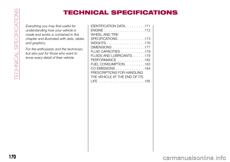 FIAT 124 SPIDER 2016 2.G Owners Manual TECHNICAL SPECIFICATIONS
Everything you may find useful for
understanding how your vehicle is
made and works is contained in this
chapter and illustrated with data, tables
and graphics.
For the enthus