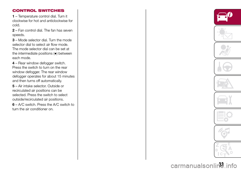 FIAT 124 SPIDER 2016 2.G Owners Manual 33
CONTROL SWITCHES
1– Temperature control dial. Turn it
clockwise for hot and anticlockwise for
cold.
2– Fan control dial. The fan has seven
speeds.
3– Mode selector dial. Turn the mode
selecto