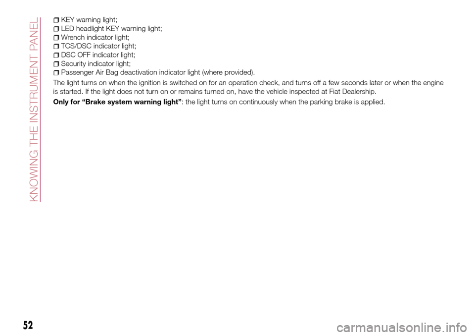 FIAT 124 SPIDER 2016 2.G Workshop Manual KEY warning light;
LED headlight KEY warning light;
Wrench indicator light;
TCS/DSC indicator light;
DSC OFF indicator light;
Security indicator light;
Passenger Air Bag deactivation indicator light ( FIAT 124 SPIDER 2016 2.G Workshop Manual KEY warning light;
LED headlight KEY warning light;
Wrench indicator light;
TCS/DSC indicator light;
DSC OFF indicator light;
Security indicator light;
Passenger Air Bag deactivation indicator light (