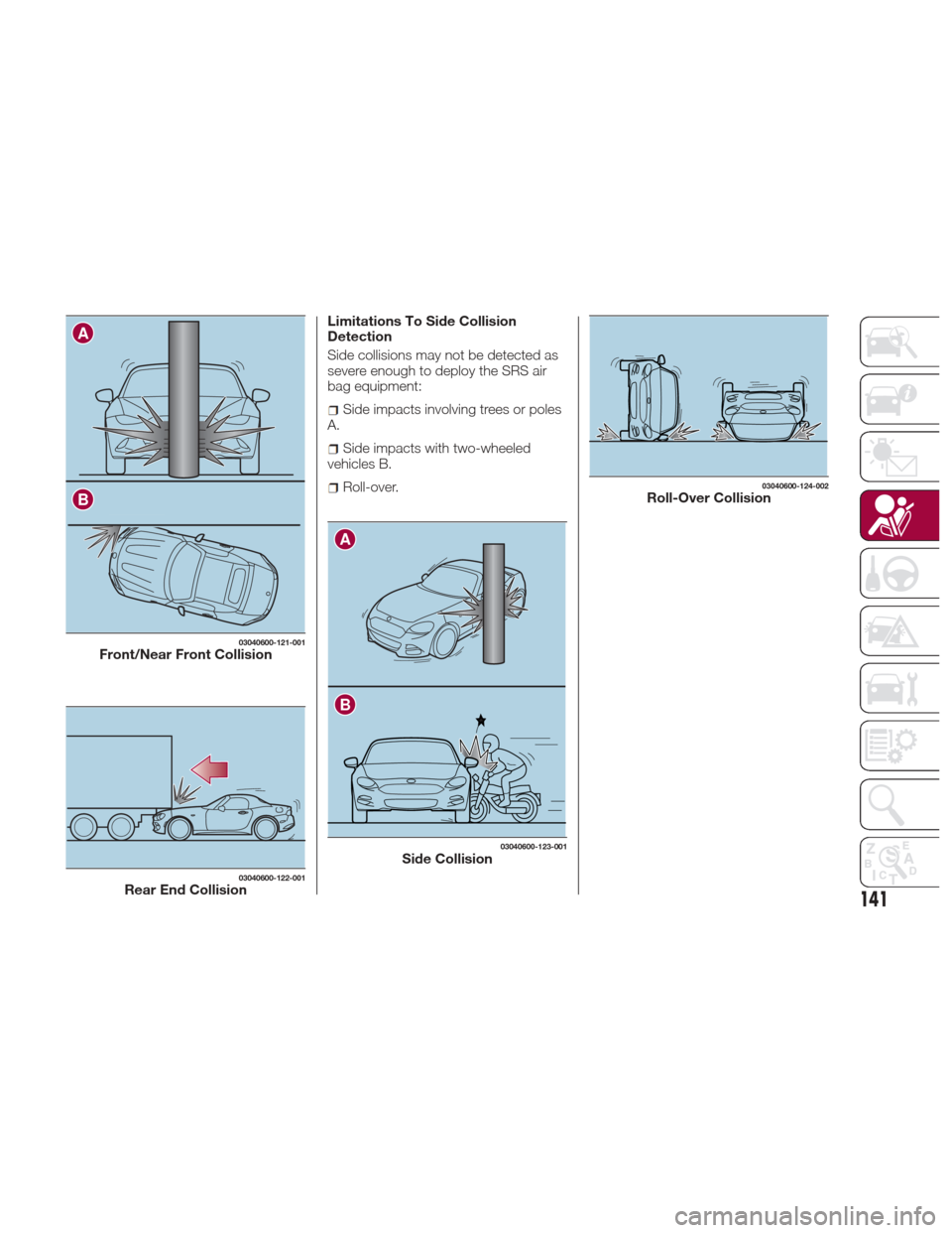 FIAT 124 SPIDER ABARTH 2017 2.G Owners Manual Limitations To Side Collision
Detection
Side collisions may not be detected as
severe enough to deploy the SRS air
bag equipment:
Side impacts involving trees or poles
A.
Side impacts with two-wheeled