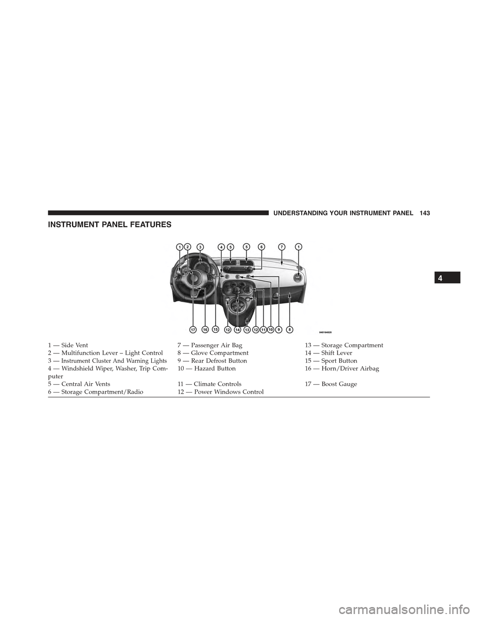 FIAT 500 ABARTH 2013 2.G Owners Manual INSTRUMENT PANEL FEATURES
1—SideVent7—PassengerAirBag13 — Storage Compartment2—MultifunctionLever–LightControl 8—GloveCompartment14 — Shift Lever3—Instrument Cluster And Warning Lights