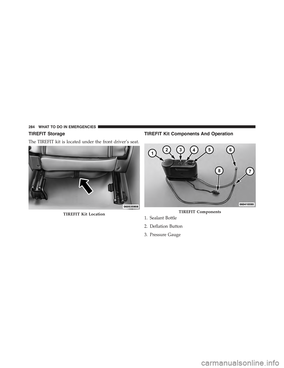 FIAT 500 ABARTH 2013 2.G Owners Manual TIREFIT Storage
The TIREFIT kit is located under the front driver’s seat.
TIREFIT Kit Components And Operation
1. Sealant Bottle
2. Deflation Button
3. Pressure Gauge
TIREFIT Kit LocationTIREFIT Com FIAT 500 ABARTH 2013 2.G Owners Manual TIREFIT Storage
The TIREFIT kit is located under the front driver’s seat.
TIREFIT Kit Components And Operation
1. Sealant Bottle
2. Deflation Button
3. Pressure Gauge
TIREFIT Kit LocationTIREFIT Com