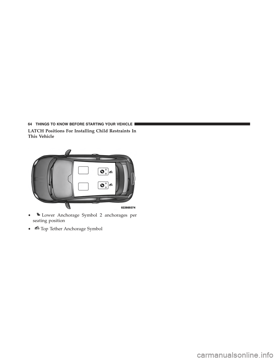 FIAT 500 ABARTH 2013 2.G Repair Manual LATCH Positions For Installing Child Restraints In
This Vehicle
•Lower Anchorage Symbol 2 anchorages per
seating position
•Top Tether Anchorage Symbol
64 THINGS TO KNOW BEFORE STARTING YOUR VEHICL FIAT 500 ABARTH 2013 2.G Repair Manual LATCH Positions For Installing Child Restraints In
This Vehicle
•Lower Anchorage Symbol 2 anchorages per
seating position
•Top Tether Anchorage Symbol
64 THINGS TO KNOW BEFORE STARTING YOUR VEHICL