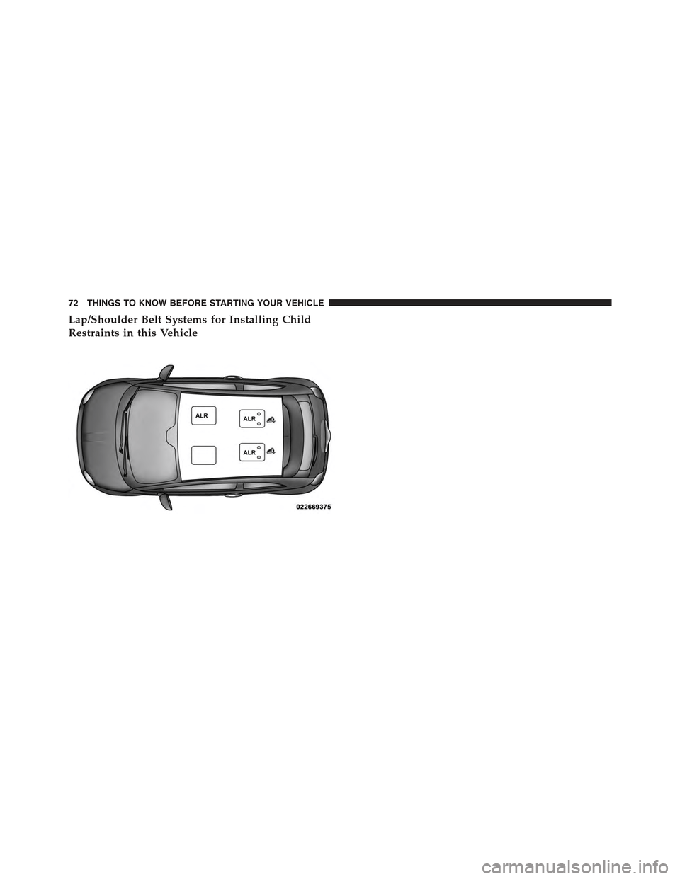 FIAT 500 ABARTH 2013 2.G Manual PDF Lap/Shoulder Belt Systems for Installing Child
Restraints in this Vehicle
72 THINGS TO KNOW BEFORE STARTING YOUR VEHICLE 