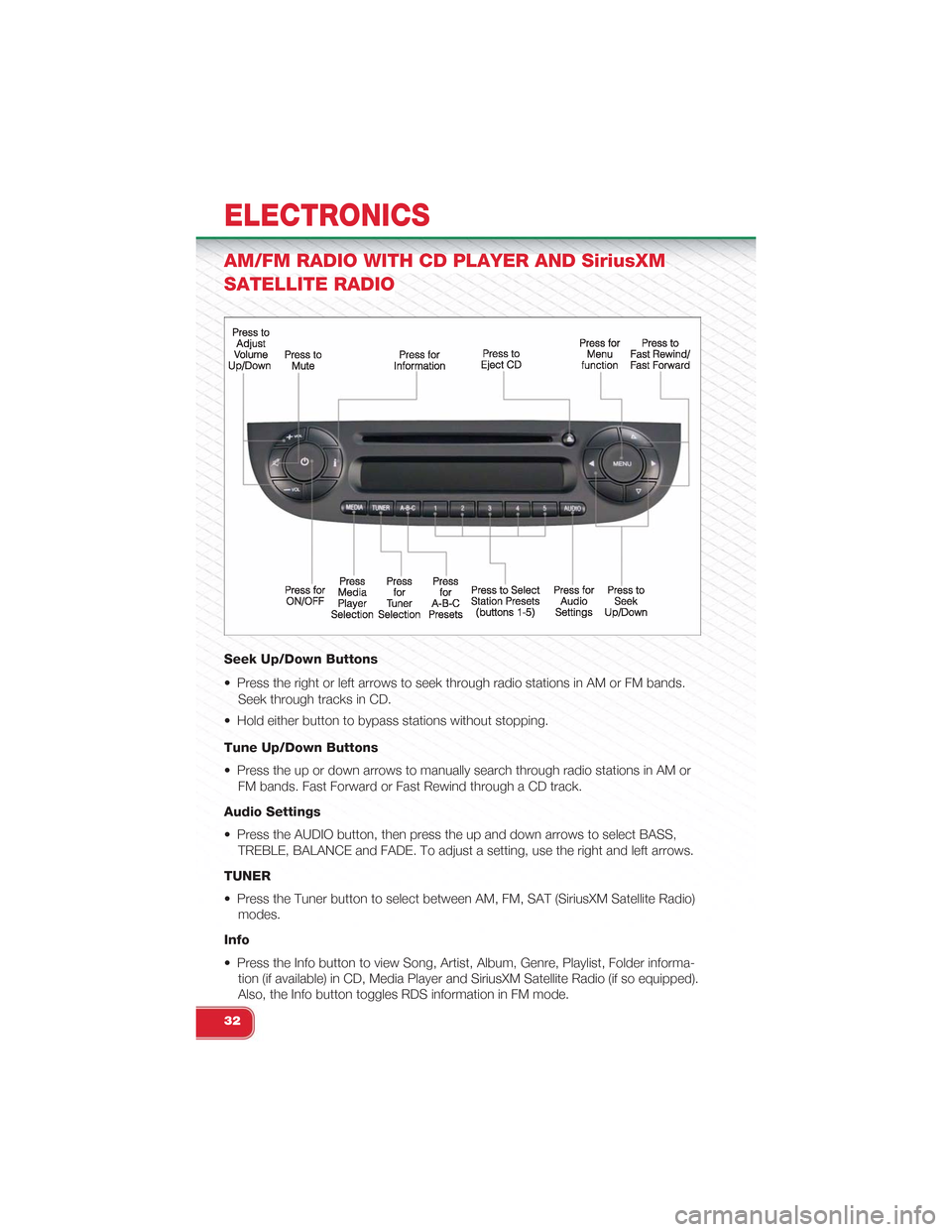 FIAT 500 ABARTH 2013 2.G Owners Guide AM/FM RADIO WITH CD PLAYER AND SiriusXM
SATELLITE RADIO
Seek Up/Down Buttons
• Press the right or left arrows to seek through radio stations in AM or FM bands.
Seek through tracks in CD.
• Hold ei FIAT 500 ABARTH 2013 2.G Owners Guide AM/FM RADIO WITH CD PLAYER AND SiriusXM
SATELLITE RADIO
Seek Up/Down Buttons
• Press the right or left arrows to seek through radio stations in AM or FM bands.
Seek through tracks in CD.
• Hold ei