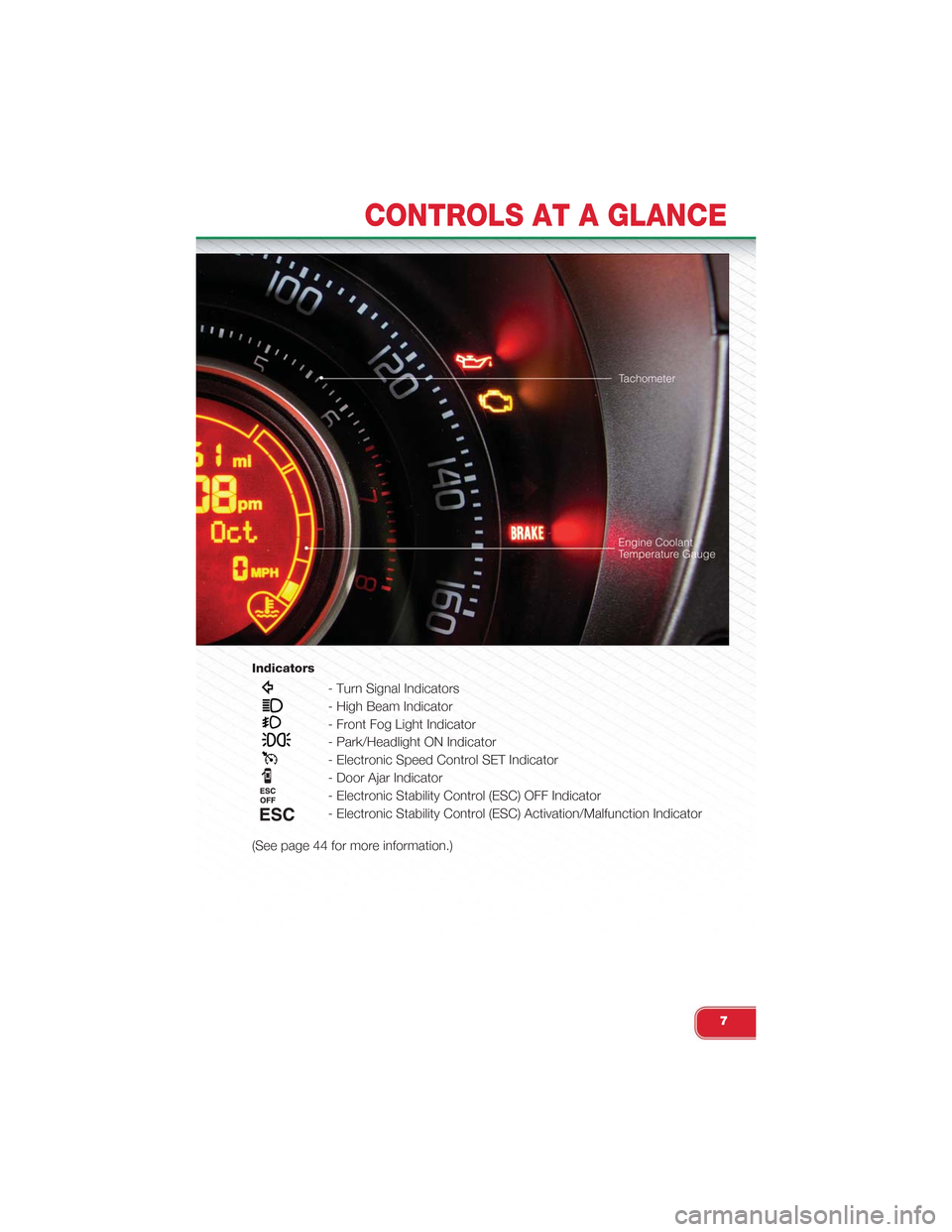 FIAT 500 ABARTH 2013 2.G User Guide Indicators
- Turn Signal Indicators
- High Beam Indicator
- Front Fog Light Indicator
- Park/Headlight ON Indicator
- Electronic Speed Control SET Indicator
- Door Ajar Indicator
- Electronic Stabilit