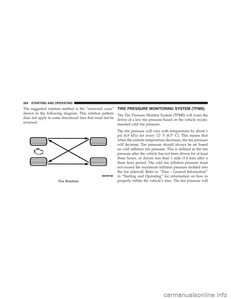 FIAT 500 ABARTH 2014 2.G Owners Manual The suggested rotation method is the “rearward cross”
shown in the following diagram. This rotation pattern
does not apply to some directional tires that must not be
reversed.
TIRE PRESSURE MONITO