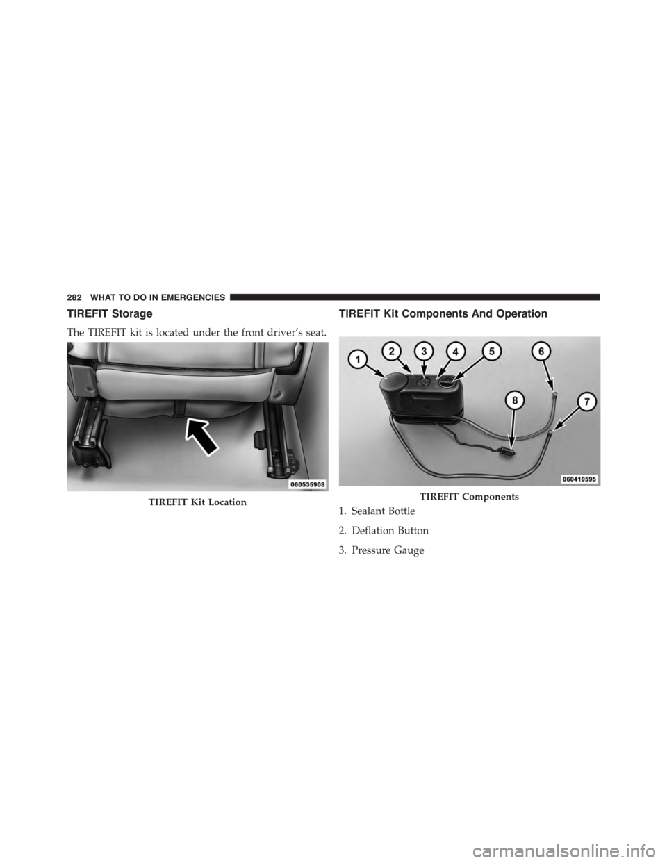 FIAT 500 ABARTH 2014 2.G Owners Manual TIREFIT Storage
The TIREFIT kit is located under the front driver’s seat.
TIREFIT Kit Components And Operation
1. Sealant Bottle
2. Deflation Button
3. Pressure Gauge
TIREFIT Kit LocationTIREFIT Com FIAT 500 ABARTH 2014 2.G Owners Manual TIREFIT Storage
The TIREFIT kit is located under the front driver’s seat.
TIREFIT Kit Components And Operation
1. Sealant Bottle
2. Deflation Button
3. Pressure Gauge
TIREFIT Kit LocationTIREFIT Com