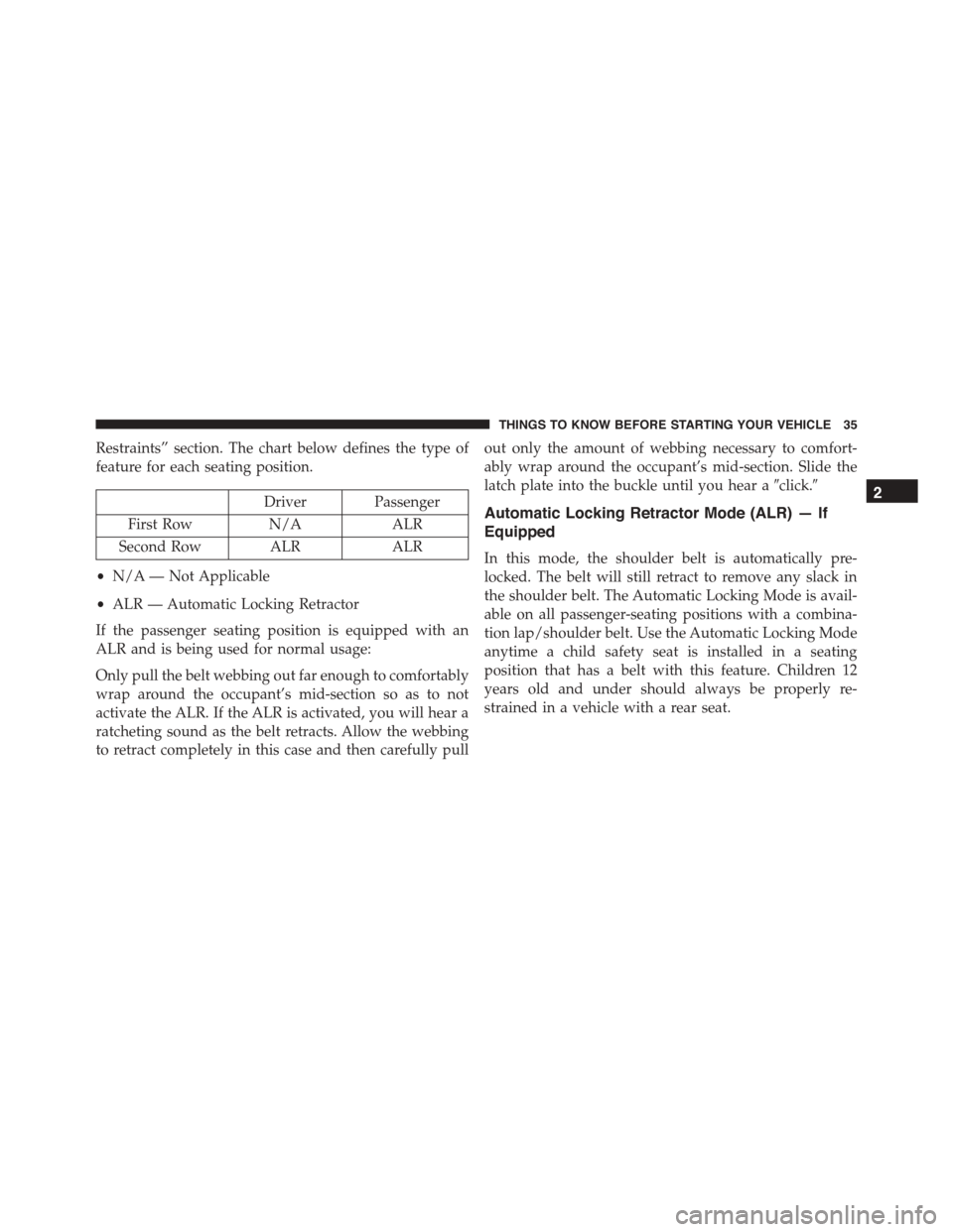 FIAT 500 ABARTH 2014 2.G Owners Manual Restraints” section. The chart below defines the type of
feature for each seating position.
Driver Passenger
First RowN/AALR
Second Row ALRALR
•N/A — Not Applicable
•ALR — Automatic Locking 