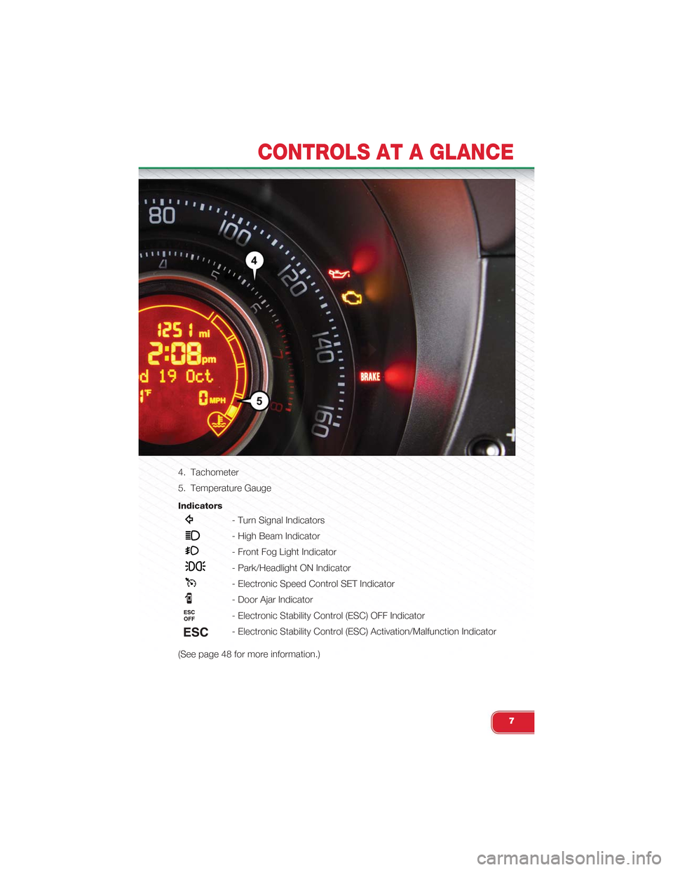 FIAT 500 ABARTH 2014 2.G User Guide 4. Tachometer
5. Temperature Gauge
Indicators
- Turn Signal Indicators
- High Beam Indicator
- Front Fog Light Indicator
- Park/Headlight ON Indicator
- Electronic Speed Control SET Indicator
- Door A FIAT 500 ABARTH 2014 2.G User Guide 4. Tachometer
5. Temperature Gauge
Indicators
- Turn Signal Indicators
- High Beam Indicator
- Front Fog Light Indicator
- Park/Headlight ON Indicator
- Electronic Speed Control SET Indicator
- Door A
