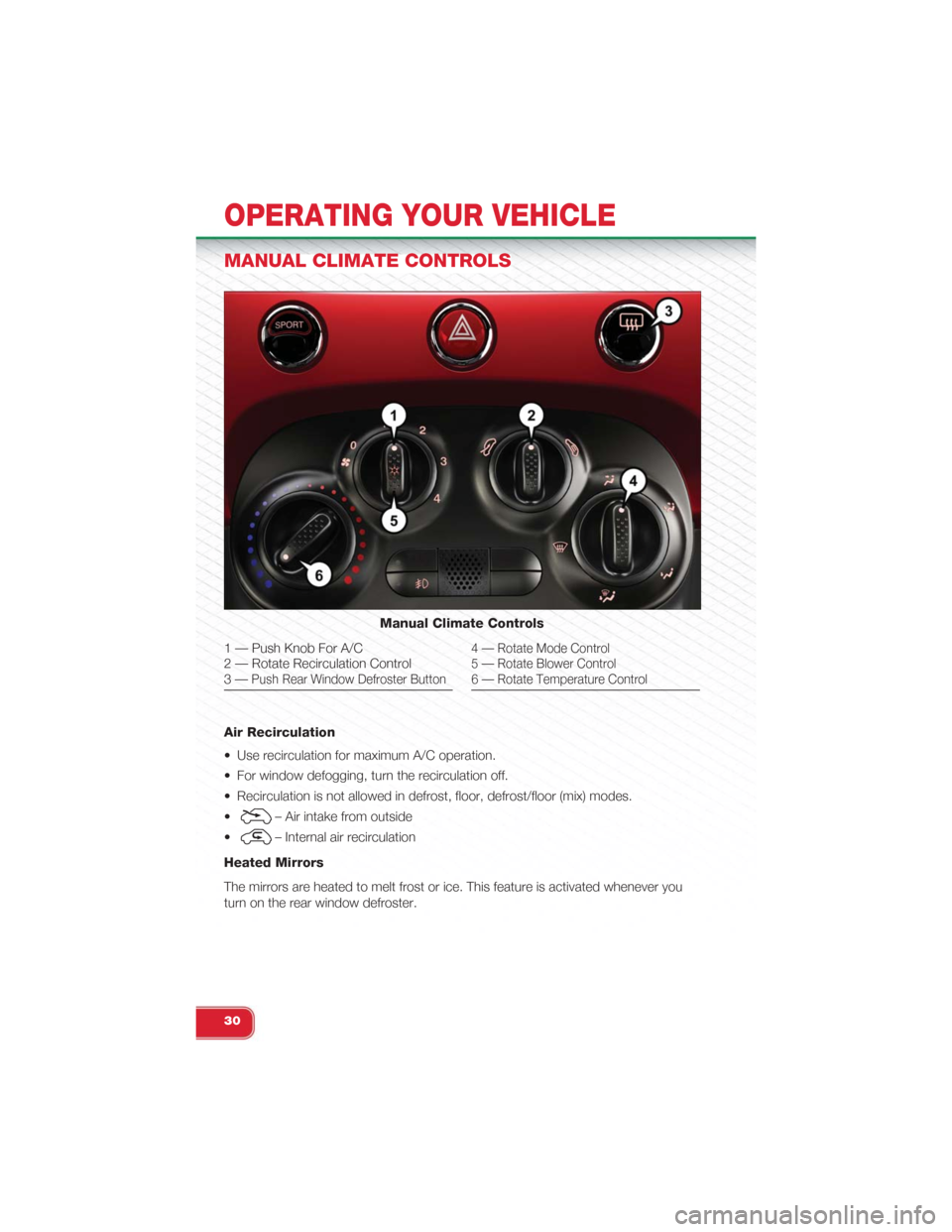 FIAT 500 ABARTH 2015 2.G Owners Guide MANUAL CLIMATE CONTROLS
Air Recirculation
• Use recirculation for maximum A/C operation.
• For window defogging, turn the recirculation off.
• Recirculation is not allowed in defrost, floor, def