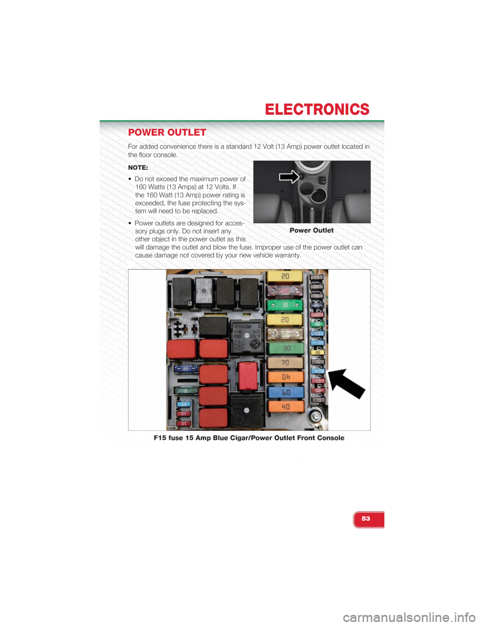 FIAT 500 ABARTH 2015 2.G User Guide POWER OUTLET
For added convenience there is a standard 12 Volt (13 Amp) power outlet located in
the floor console.
NOTE:
• Do not exceed the maximum power of
160 Watts (13 Amps) at 12 Volts. If
the FIAT 500 ABARTH 2015 2.G User Guide POWER OUTLET
For added convenience there is a standard 12 Volt (13 Amp) power outlet located in
the floor console.
NOTE:
• Do not exceed the maximum power of
160 Watts (13 Amps) at 12 Volts. If
the