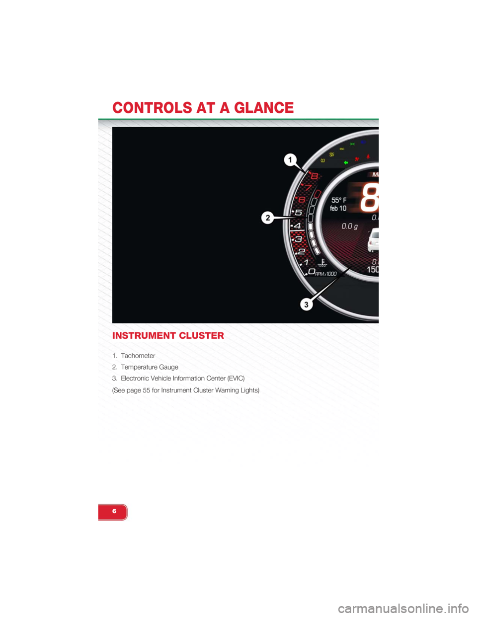 FIAT 500 ABARTH 2015 2.G User Guide INSTRUMENT CLUSTER
1. Tachometer
2. Temperature Gauge
3. Electronic Vehicle Information Center (EVIC)
(See page 55 for Instrument Cluster Warning Lights)
CONTROLS AT A GLANCE
6 FIAT 500 ABARTH 2015 2.G User Guide INSTRUMENT CLUSTER
1. Tachometer
2. Temperature Gauge
3. Electronic Vehicle Information Center (EVIC)
(See page 55 for Instrument Cluster Warning Lights)
CONTROLS AT A GLANCE
6