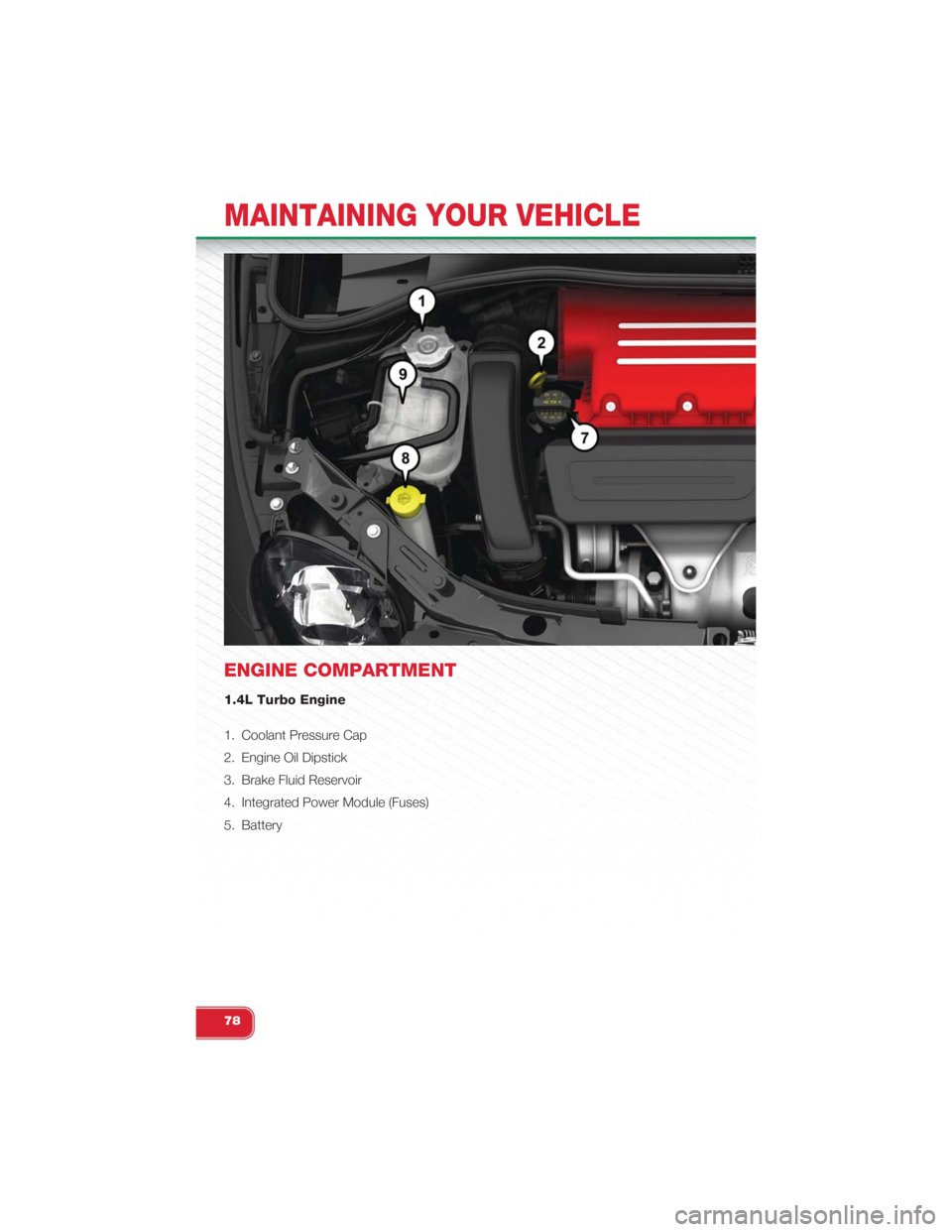 FIAT 500 ABARTH 2015 2.G User Guide ENGINE COMPARTMENT
1.4L Turbo Engine
1. Coolant Pressure Cap
2. Engine Oil Dipstick
3. Brake Fluid Reservoir
4. Integrated Power Module (Fuses)
5. Battery
MAINTAINING YOUR VEHICLE
78 FIAT 500 ABARTH 2015 2.G User Guide ENGINE COMPARTMENT
1.4L Turbo Engine
1. Coolant Pressure Cap
2. Engine Oil Dipstick
3. Brake Fluid Reservoir
4. Integrated Power Module (Fuses)
5. Battery
MAINTAINING YOUR VEHICLE
78