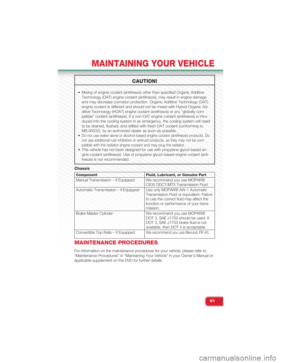 FIAT 500 ABARTH 2015 2.G Owners Manual CAUTION!
• Mixing of engine coolant (antifreeze) other than specified Organic Additive
Technology (OAT) engine coolant (antifreeze), may result in engine damage
and may decrease corrosion protection FIAT 500 ABARTH 2015 2.G Owners Manual CAUTION!
• Mixing of engine coolant (antifreeze) other than specified Organic Additive
Technology (OAT) engine coolant (antifreeze), may result in engine damage
and may decrease corrosion protection