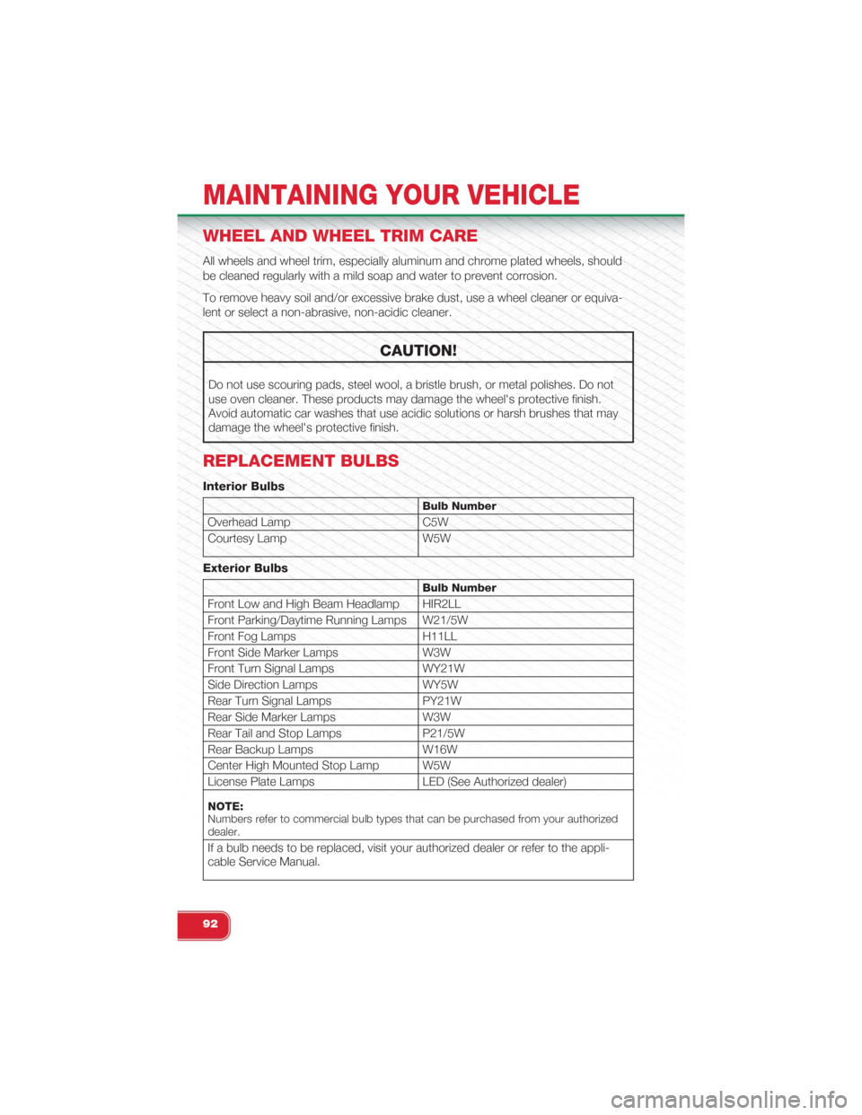 FIAT 500 ABARTH 2015 2.G User Guide WHEEL AND WHEEL TRIM CARE
All wheels and wheel trim, especially aluminum and chrome plated wheels, should
be cleaned regularly with a mild soap and water to prevent corrosion.
To remove heavy soil and