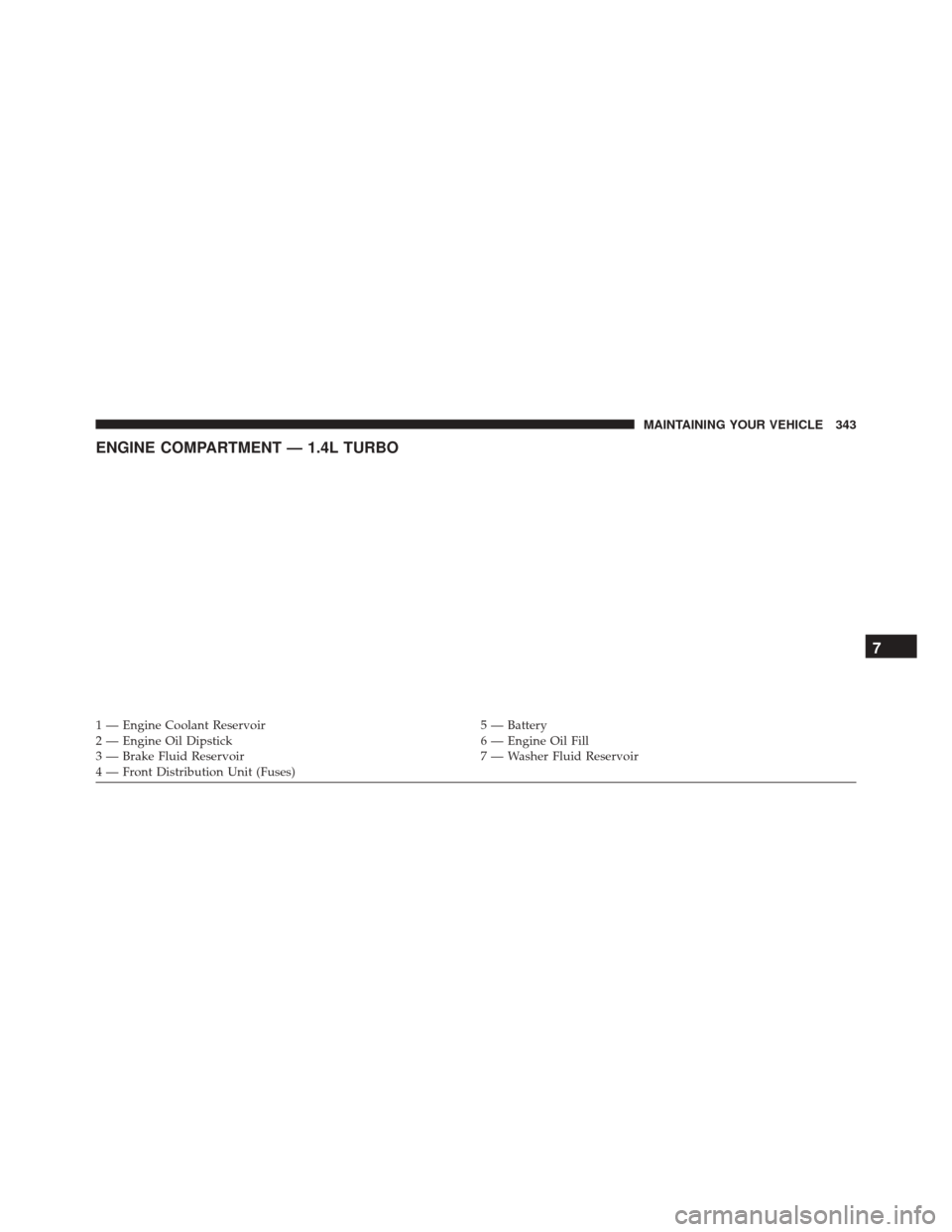 FIAT 500 ABARTH 2016 2.G Owners Manual ENGINE COMPARTMENT — 1.4L TURBO
1 — Engine Coolant Reservoir5 — Battery
2 — Engine Oil Dipstick 6 — Engine Oil Fill
3 — Brake Fluid Reservoir 7 — Washer Fluid Reservoir
4 — Front Distr