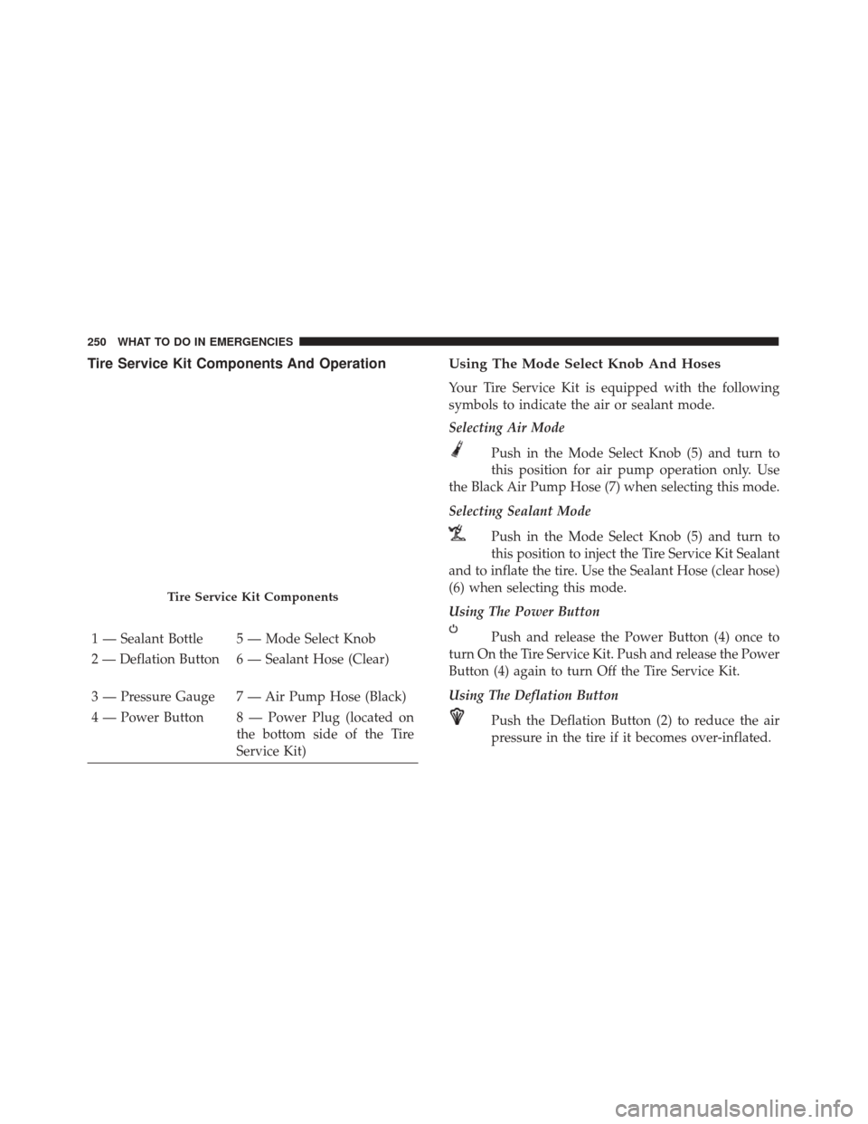 FIAT 500 ABARTH CABRIO 2017 2.G Owners Guide Tire Service Kit Components And OperationUsing The Mode Select Knob And Hoses
Your Tire Service Kit is equipped with the following
symbols to indicate the air or sealant mode.
Selecting Air Mode
Push 