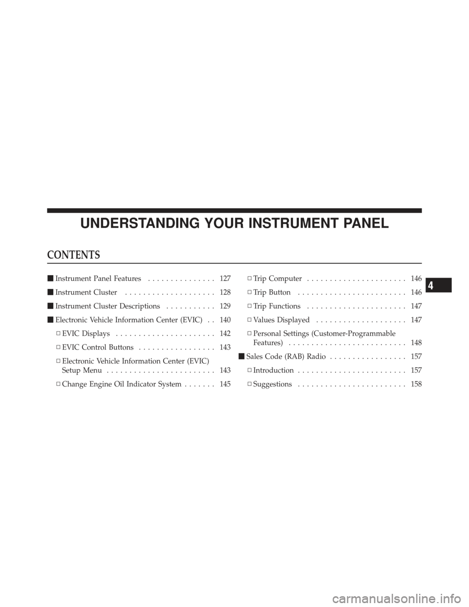 FIAT 500 GUCCI 2012 2.G Owners Manual UNDERSTANDING YOUR INSTRUMENT PANEL
CONTENTS
Instrument Panel Features ............... 127
 Instrument Cluster .................... 128
 Instrument Cluster Descriptions ........... 129
 Electronic