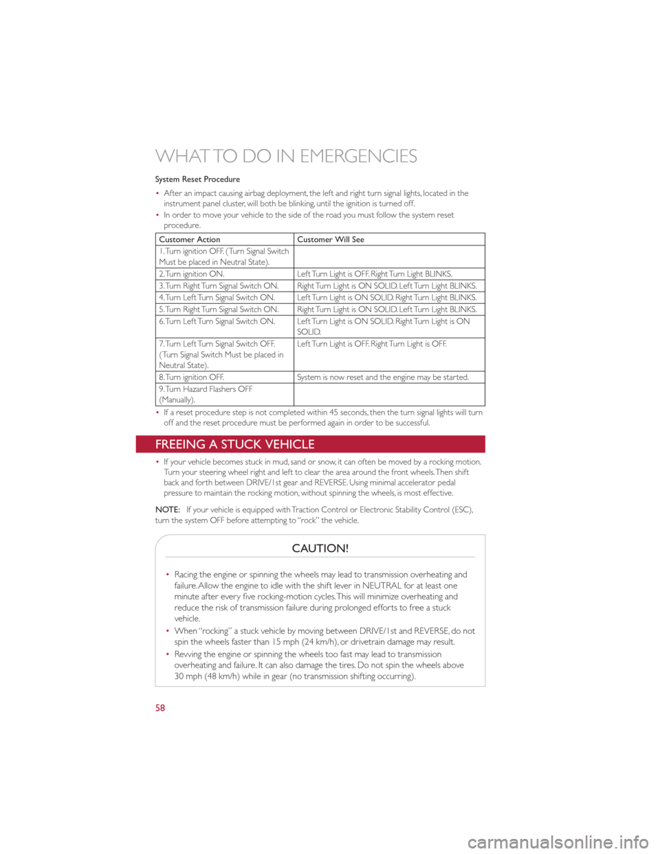 FIAT 500 GUCCI 2012 2.G User Guide System Reset Procedure
•After an impact causing airbag deployment, the left and right turn signal lights, located in the
instrument panel cluster, will both be blinking, until the ignition is turned