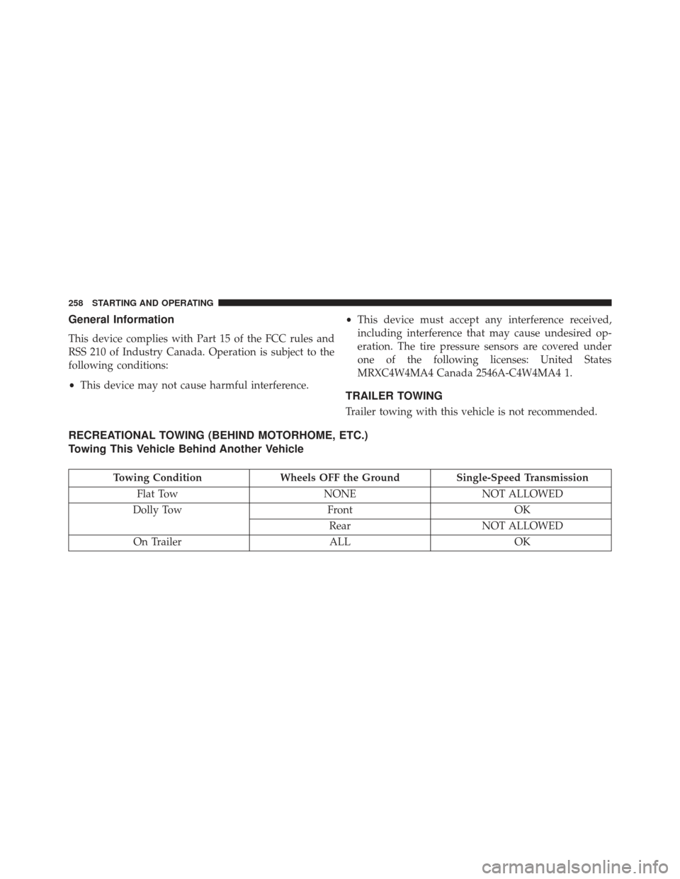 FIAT 500E 2013 2.G Owners Manual General Information
This device complies with Part 15 of the FCC rules and
RSS 210 of Industry Canada. Operation is subject to the
following conditions:
•This device may not cause harmful interferen