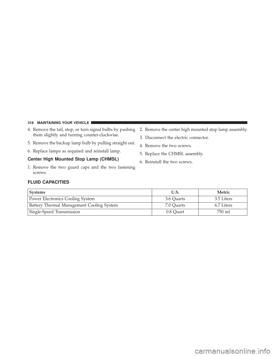 FIAT 500E 2013 2.G Owners Manual 4. Remove the tail, stop, or turn signal bulbs by pushingthem slightly and turning counter-clockwise.
5. Remove the backup lamp bulb by pulling straight out.
6. Replace lamps as required and reinstall