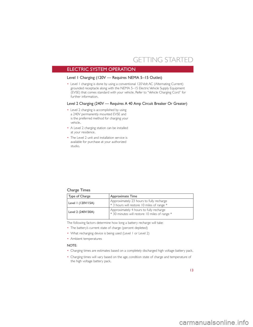 FIAT 500E 2013 2.G User Guide ELECTRIC SYSTEM OPERATION
Level 1 Charging (120V — Requires NEMA 5–15 Outlet)
•Level 1 charging is done by using a conventional 120 Volt AC (Alternating Current)
grounded receptacle along with t