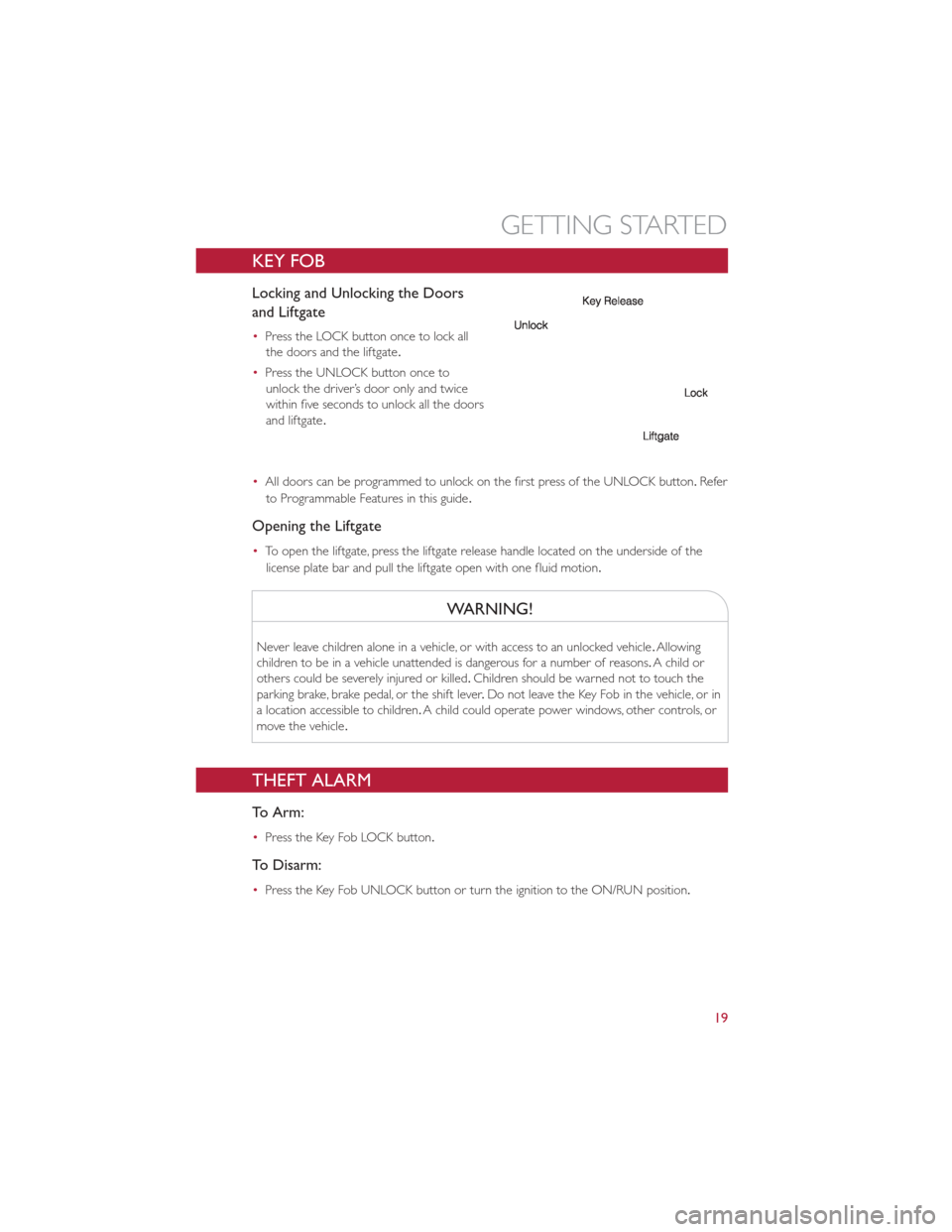 FIAT 500E 2013 2.G User Guide KEY FOB
Locking and Unlocking the Doors
and Liftgate
•Press the LOCK button once to lock all
the doors and the liftgate .
• Press the UNLOCK button once to
unlock the driver’s door only and twic