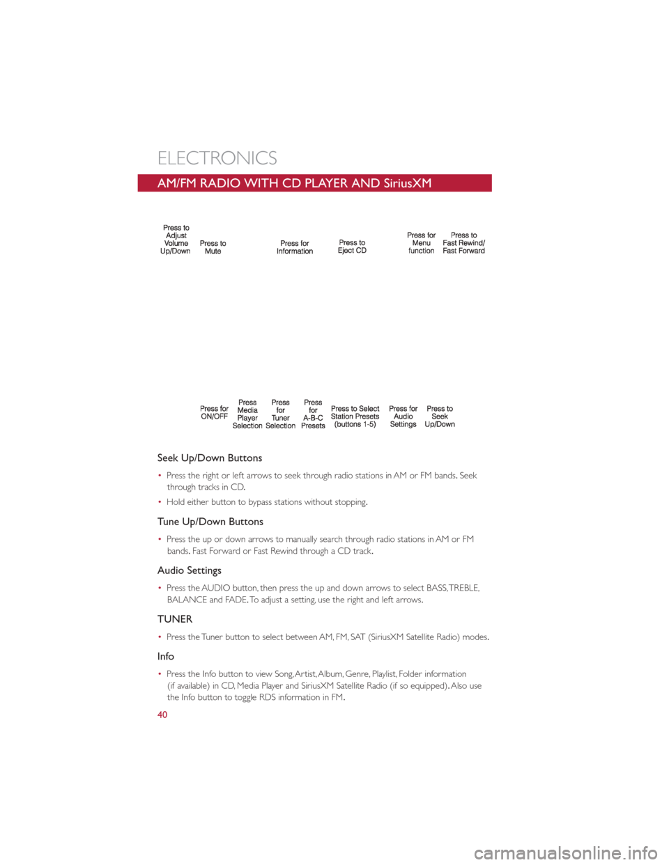FIAT 500E 2013 2.G Service Manual AM/FM RADIO WITH CD PLAYER AND SiriusXM
SATELLITE RADIO
Seek Up/Down Buttons
•Press the right or left arrows to seek through radio stations in AM or FM bands. Seek
through tracks in CD .
• Hold ei FIAT 500E 2013 2.G Service Manual AM/FM RADIO WITH CD PLAYER AND SiriusXM
SATELLITE RADIO
Seek Up/Down Buttons
•Press the right or left arrows to seek through radio stations in AM or FM bands. Seek
through tracks in CD .
• Hold ei