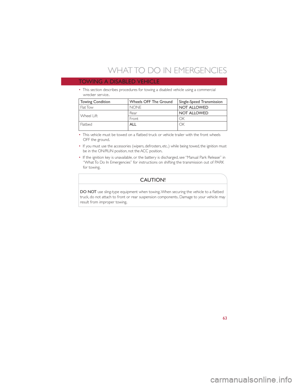 FIAT 500E 2013 2.G User Guide TOWING A DISABLED VEHICLE
•This section describes procedures for towing a disabled vehicle using a commercial
wrecker service .
Towing Condition Wheels OFF The Ground Single-Speed Transmission
Flat 