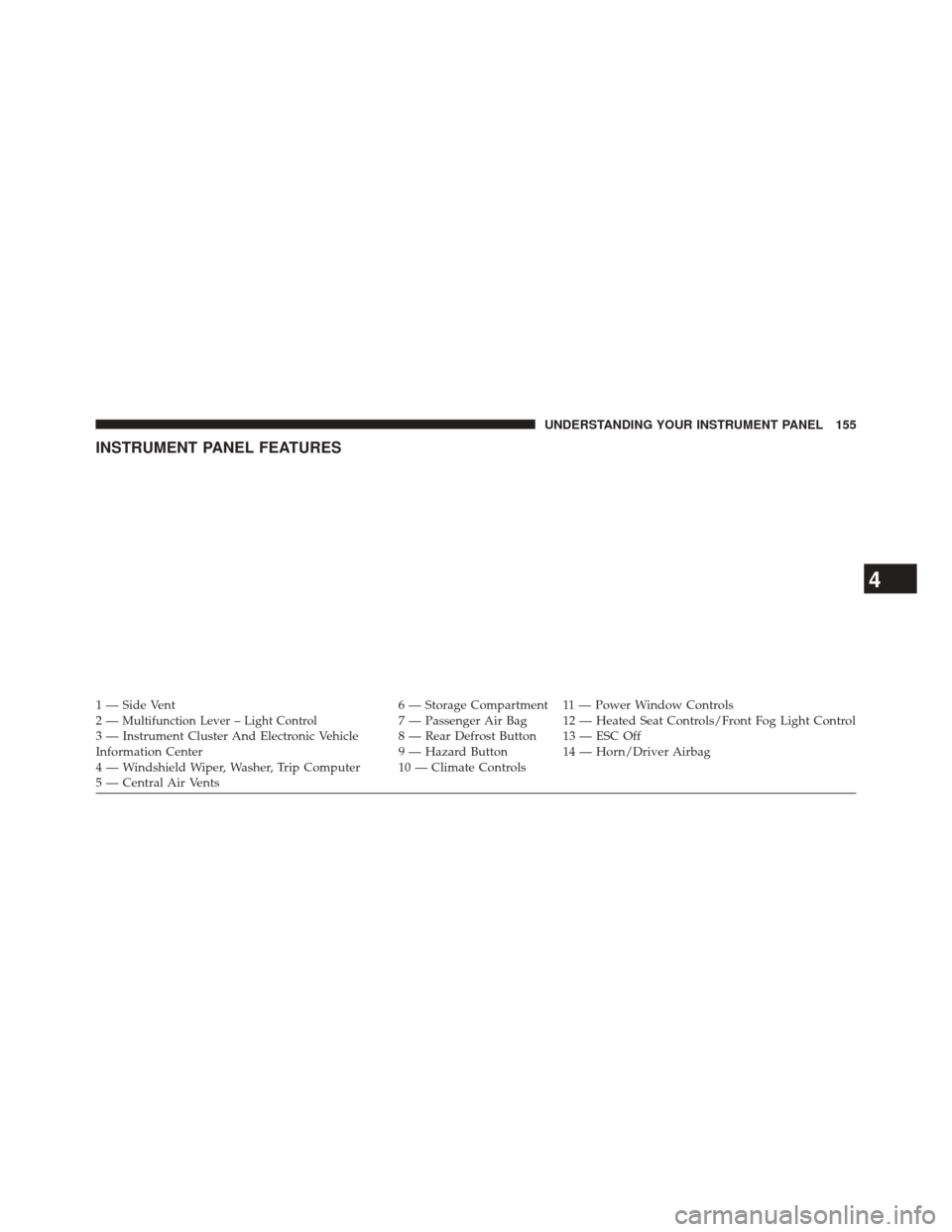 FIAT 500E 2014 2.G Owners Manual INSTRUMENT PANEL FEATURES
1 — Side Vent6 — Storage Compartment 11 — Power Window Controls
2—Multifunction Lever – Light Control7 — Passenger Air Bag 12 — Heated Seat Controls/Front Fog L