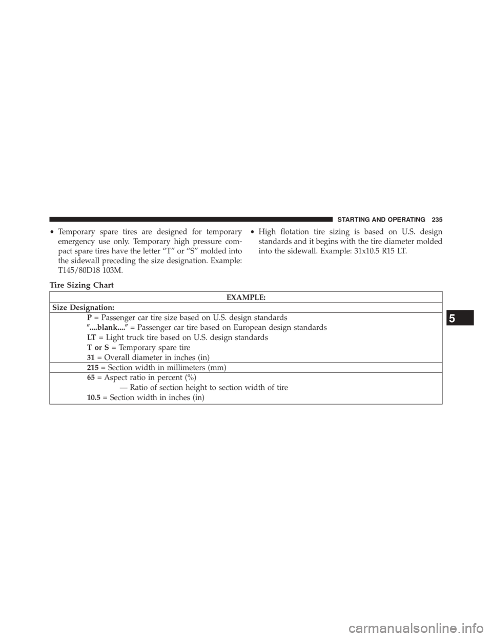 FIAT 500E 2014 2.G Owners Manual •Temporary spare tires are designed for temporary
emergency use only. Temporary high pressure com-
pact spare tires have the letter “T” or “S” molded into
the sidewall preceding the size des