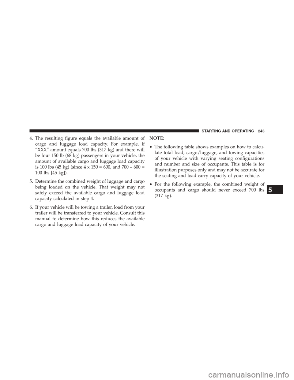 FIAT 500E 2014 2.G Owners Manual 4. The resulting figure equals the available amount ofcargo and luggage load capacity. For example, if
“XXX” amount equals 700 lbs (317 kg) and there will
be four 150 lb (68 kg) passengers in your FIAT 500E 2014 2.G Owners Manual 4. The resulting figure equals the available amount ofcargo and luggage load capacity. For example, if
“XXX” amount equals 700 lbs (317 kg) and there will
be four 150 lb (68 kg) passengers in your