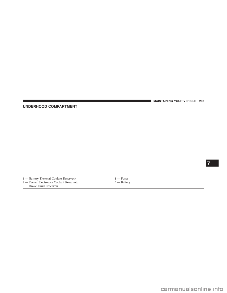 FIAT 500E 2014 2.G Owners Manual UNDERHOOD COMPARTMENT
1 — Battery Thermal Coolant Reservoir4 — Fuses
2 — Power Electronics Coolant Reservoir 5 — Battery
3 — Brake Fluid Reservoir
7
MAINTAINING YOUR VEHICLE 295 