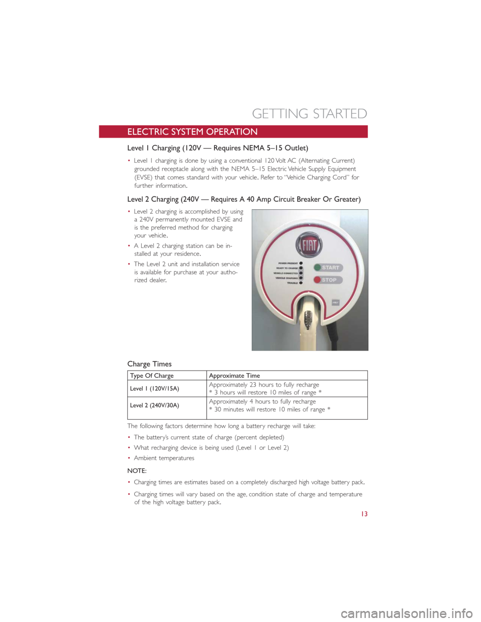 FIAT 500E 2014 2.G Owners Manual ELECTRIC SYSTEM OPERATION
Level 1 Charging (120V — Requires NEMA 5–15 Outlet)
•Level 1 charging is done by using a conventional 120 Volt AC (Alternating Current)
grounded receptacle along with t FIAT 500E 2014 2.G Owners Manual ELECTRIC SYSTEM OPERATION
Level 1 Charging (120V — Requires NEMA 5–15 Outlet)
•Level 1 charging is done by using a conventional 120 Volt AC (Alternating Current)
grounded receptacle along with t
